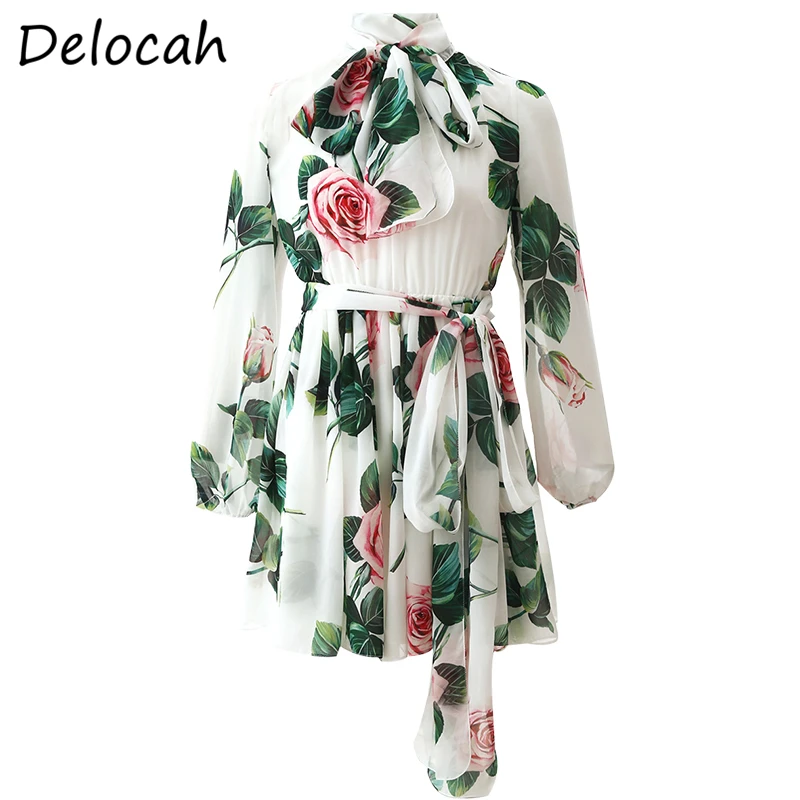 

DelocahSpring Summer FashionRuwanWomen Dress Lantern Sleeve Simple Sashes Rose Printed Female Holiday Mini Dresses vestoidos