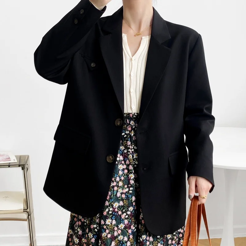

Work Style Ol Solid Loose Fit Casual Women Blazer Vintage Single Breasted Pockets Ladies Tops 2021 Spring Chic Female Outwears