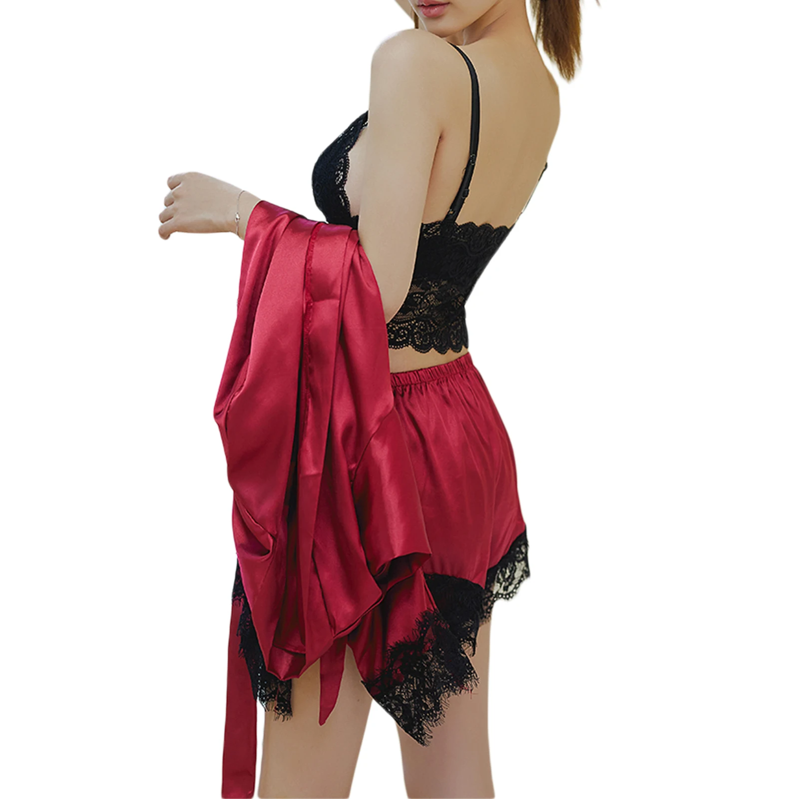 

Pajama Set Women Lace Trim Satin Sleepwear Pyjamas Pour Femme Summer Nightwear Pants Casual Home Wear Kimono Robe Gown