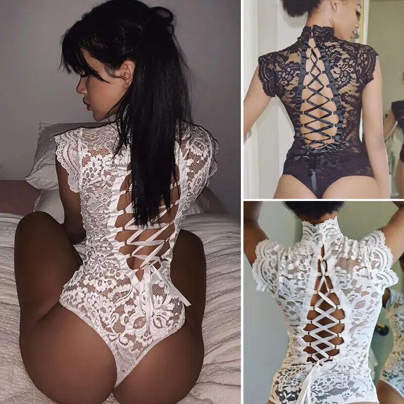 

Women's Sexy Sissy Lace Lingerie Turtleneck Bodysuits Black White Nightwear Underwear Back Bandage Erotic Apparel Clothes
