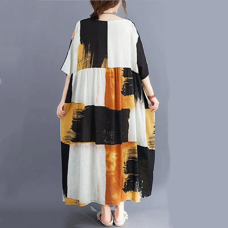 Хлопковое льняное платье размера плюс с винтажным принтом для женщин