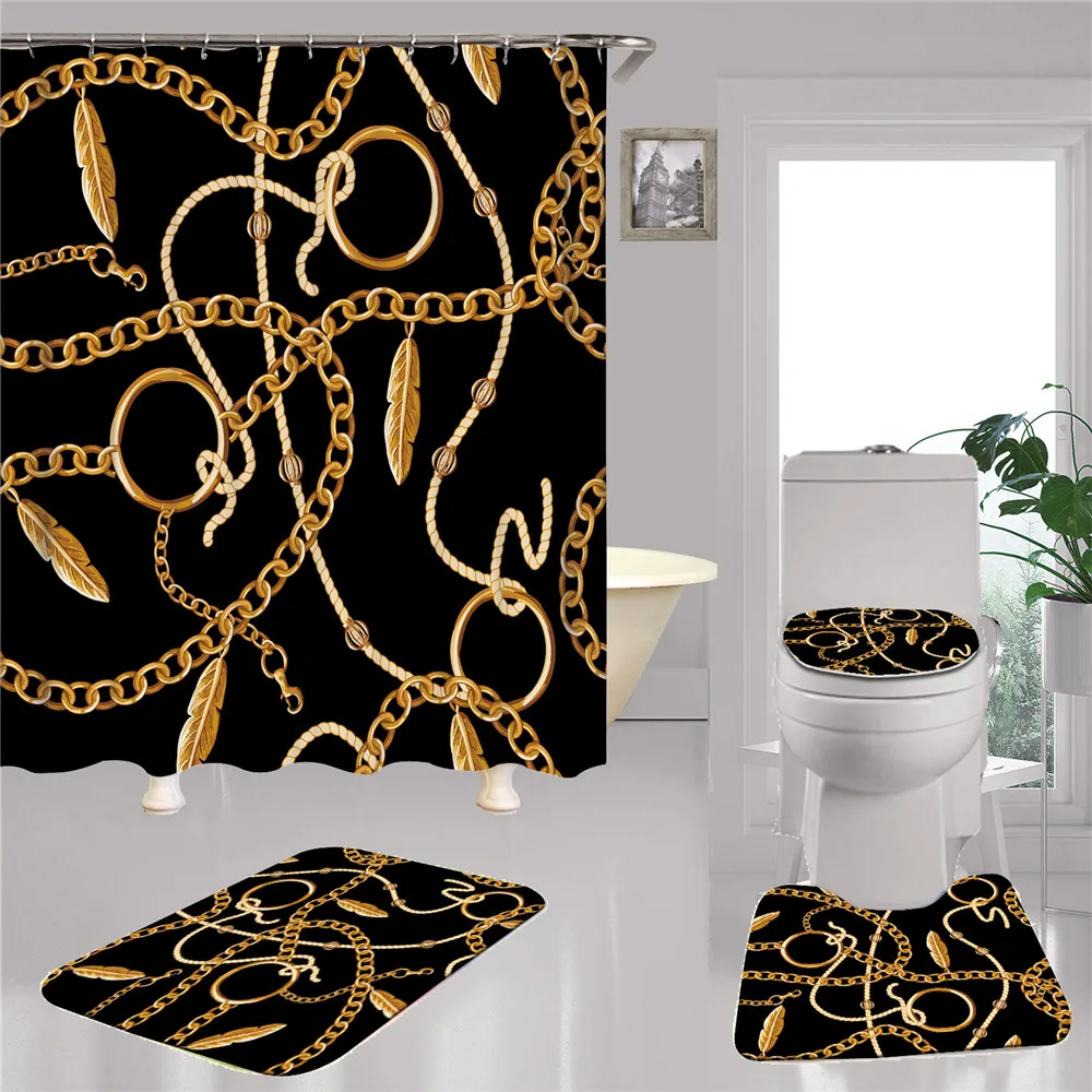 baroque pattern polyester shower curtains set gold non slip toilet set mat set waterproof bathroom accessories bath curtain 4pc free global shipping