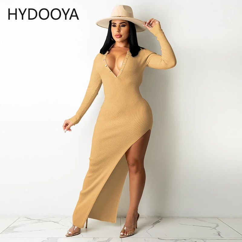 

Fall Winter Solid Button Ribbed Maxi Dress Women Sexy Deep V Neck Long Sleeve Backless High Split Bodycon Dress Robe Streetwear