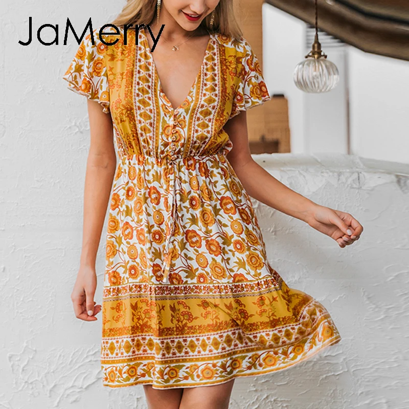 JaMerry Boho платье с v образным вырезом и цветочным принтом для женщин 2020 летнее