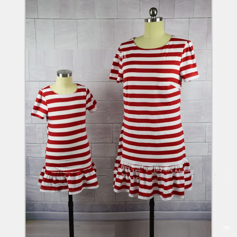 Модные летние платья с коротким рукавом для женщин и детей Красные Полосатые
