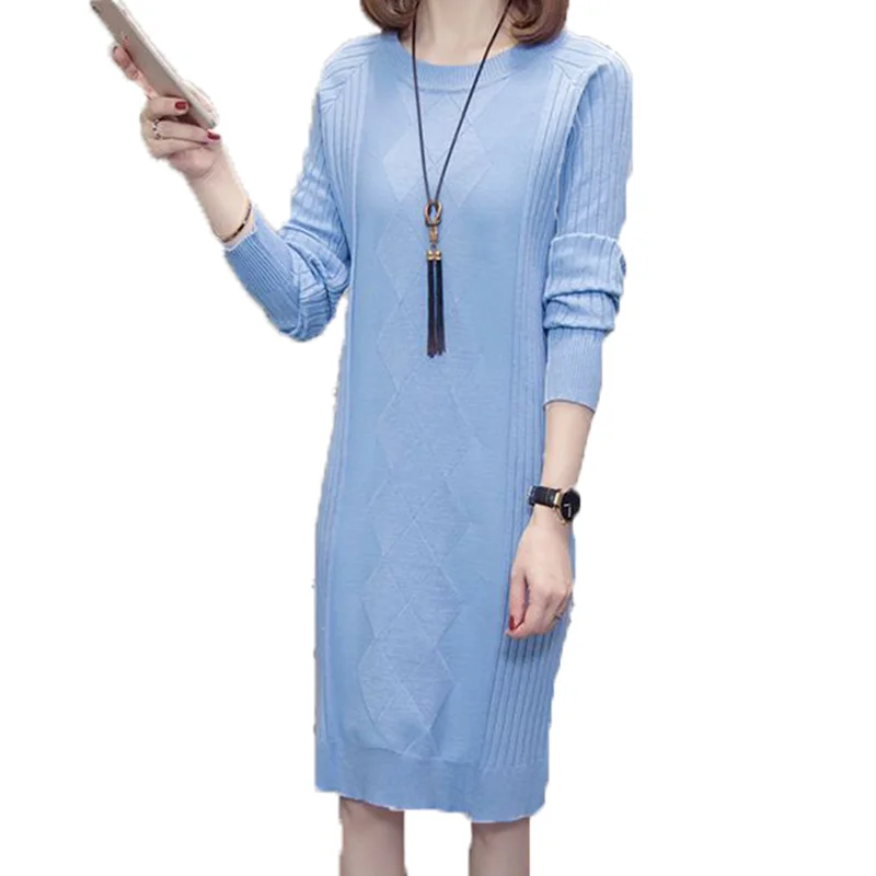 

Red Long Solid Color Knitted Dress Oversized Plus Large Size Female Pullover Woman Blouses Winter Women'S Sweaters Clothing 6424