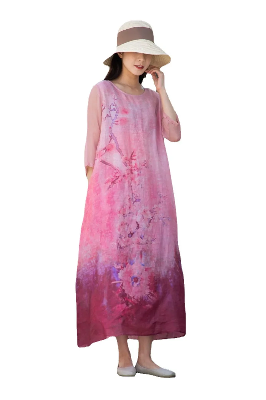 

2021 spring and summer new Chinese style large size ink printing improved cheongsam round neck ramie 7-part sleeve dress