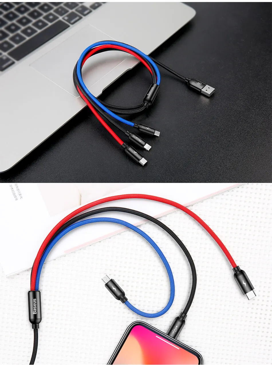 Baseus 3 в 1 USB кабель для iPhone samsung Xiaomi мульти Быстрая зарядка зарядное устройство usb type C type-c Micro USB кабель для мобильного телефона