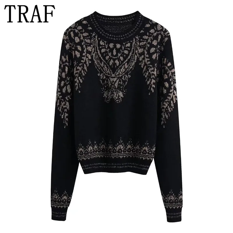 

TRAF Za 2021 Black Knitted Sweater Women Metallic Thread Jacquard Vintage Sweater Woman Winter Jerseys Long Sleeve Crop Knit Top