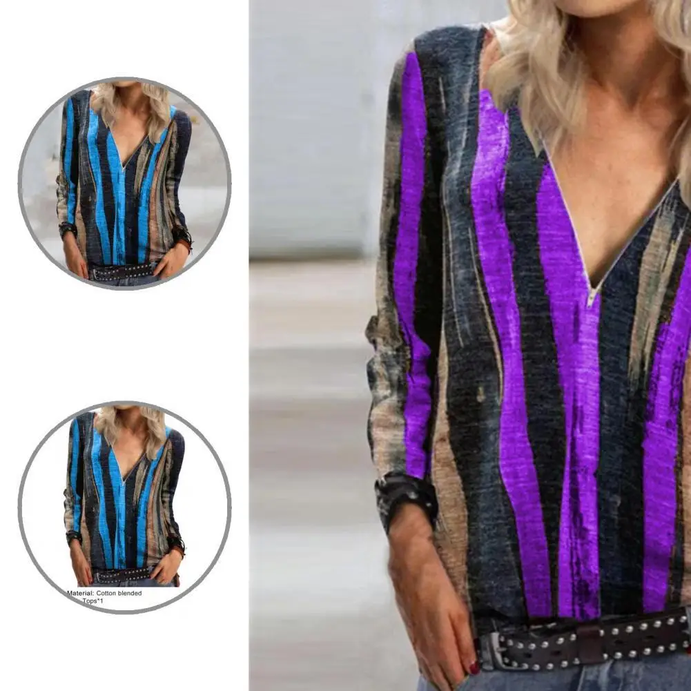 

Top Chic Striped Print Long Sleeve T-Shirt Streetwear Lady Blouse Striped Print for Working