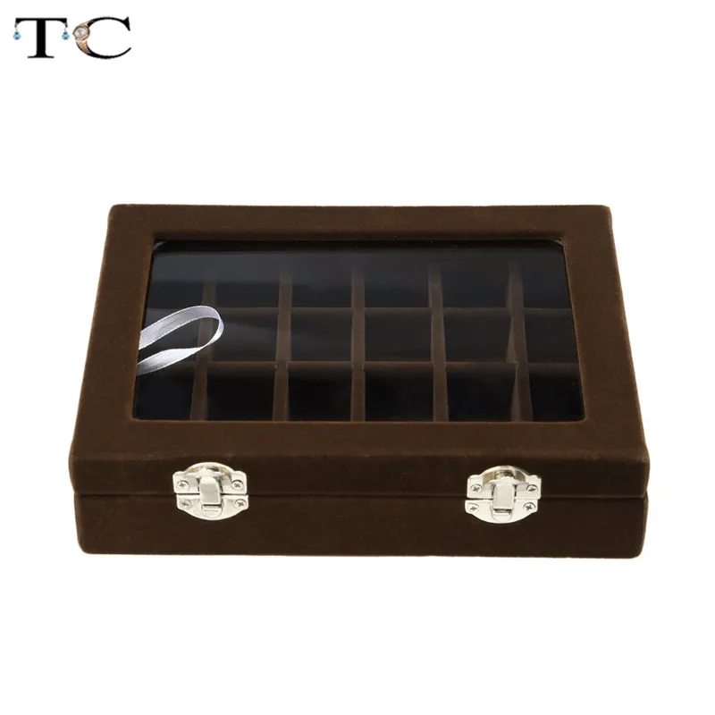 Бархатная шкатулка для ювелирных украшений с 24 ячейками и стеклянным покрытием