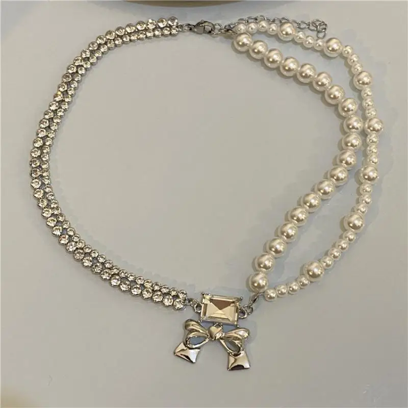 

Bow Tie Diamond Pearl Necklace Princess Design Sense Necklace Female Korean Niche Wild Short Clavicle Chain
