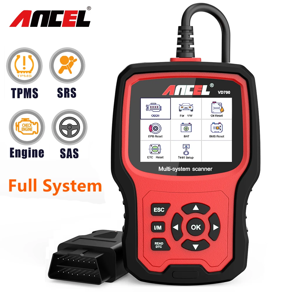

Профессиональный диагностический инструмент Ancel VD700 OBD2, инжектор с полной системой кодирования масла DPF TPMS, сброс OBD, диагностический Автомо...