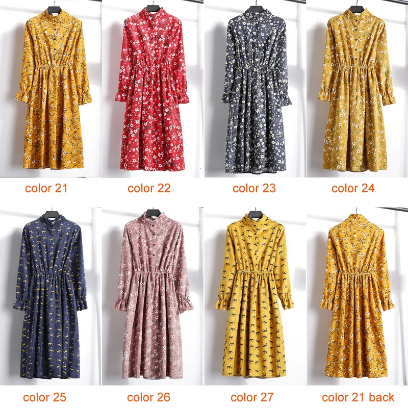 

Winter Corduroy Floral Print Women Elastic Waist Autumn Winter Dress Stand Collar Beach Dress Vestidos Party Female High Quality