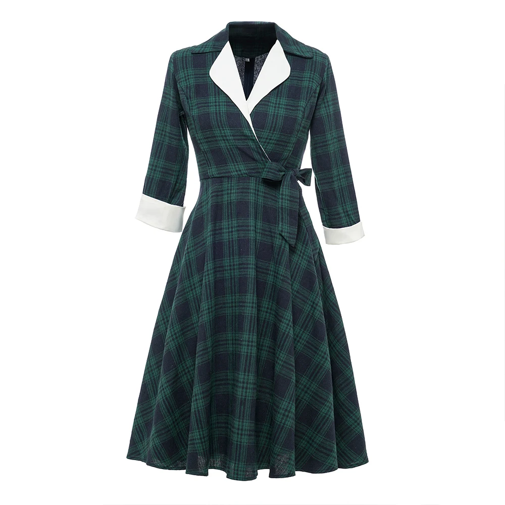 

Vintage England Elegant Green Plaid Dresses Women Retro Hepburn Notched Mid-Waist Bow Robe A-Line Swing Office Ladies Fall Dress