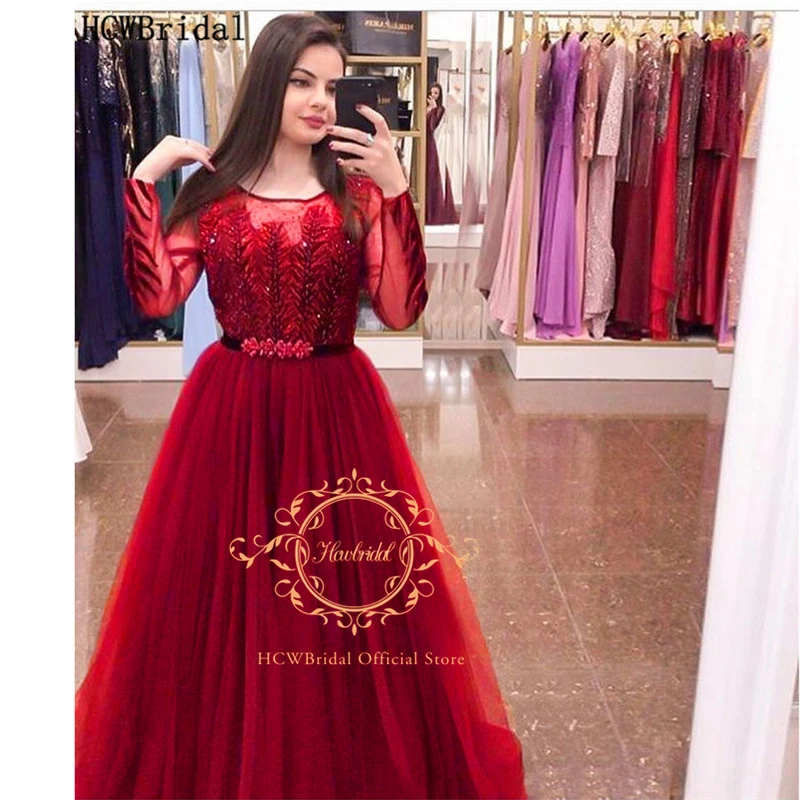 

Red Long Sleeves Luxury Arabic Evening Dress Exquisite Beads Leaf Tulle Plus Size Prom Gowns New Women Wedding Party Dresses