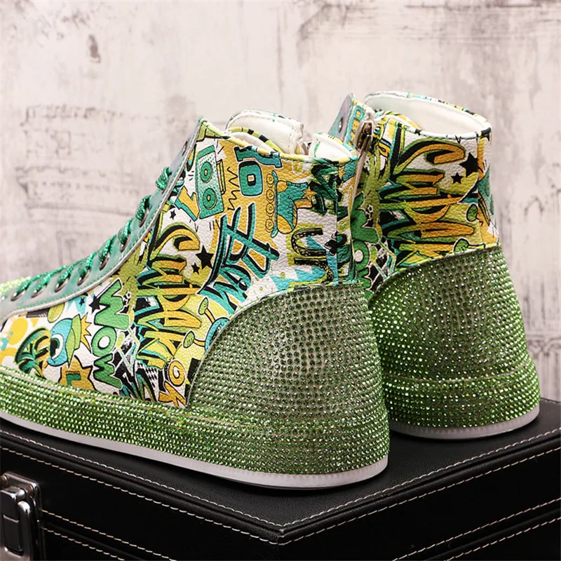 

Luxury Rhinestone Men Shoes High Tops Sneakers Hip-hop Graffiti Height Increasing Casual Flats Ankle Boots Zapatillas Hombre