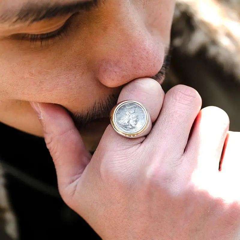 

Original New Thai Silver Head Elephant Coin Shape Opening Adjustable Ring Personality Retro Simple Fashion Men's Jewelry