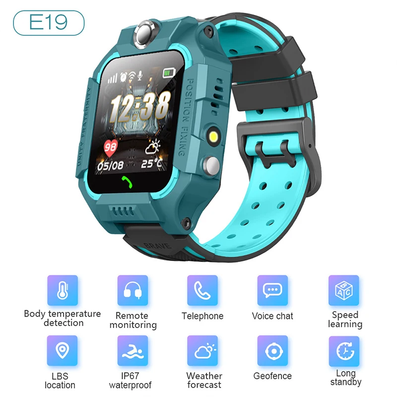 

Детские Смарт-часы E19 IP67, водонепроницаемые Смарт-часы, многофункциональные детские часы с функцией телефона, видеозвонки, супер режим ожид...