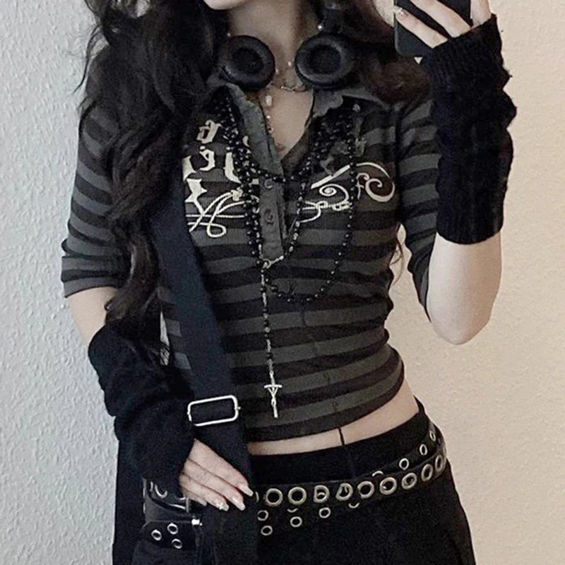 

2022 Spring Goth Print Tops Stripe Cute Y2K T-Shirts Dark Academia Techwear Button Up V Neck Half Sleeve Sweat Shirts Grunge Tee