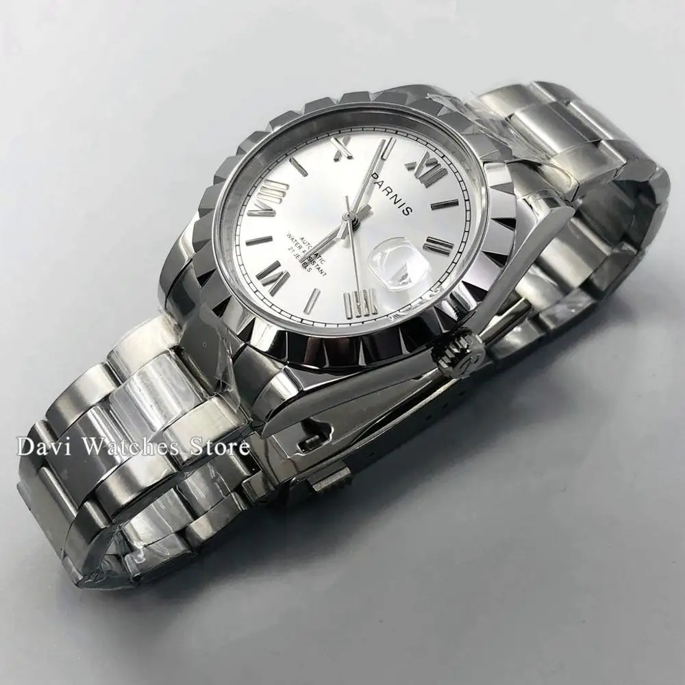 Мужские часы Parnis 39 мм серебристый чехол сапфировое стекло серебристые