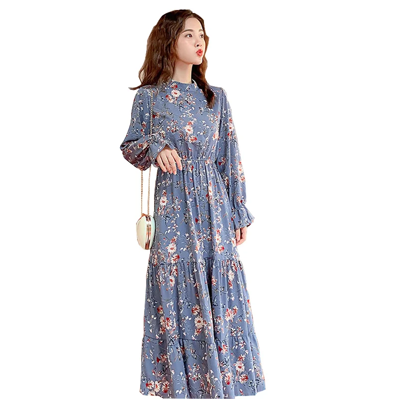 Осеннее шифоновое платье с винтажным принтом, женская рубашка с рукавом-бабочкой, платья до середины икры, ТРАПЕЦИЕВИДНОЕ плиссированное платье с подолом