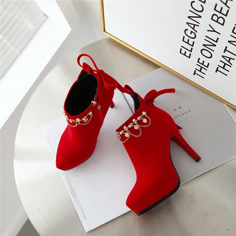 Женские ботильоны на молнии ANNYMOLI красные полусапожки высоком тонком каблуке с