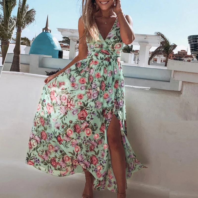 

2022 New Women V Neck Open Fork Dress Floral Print Long Dress Summer Sleeveless Party Pink Chiffon Elegant Casual Maxi Dresses