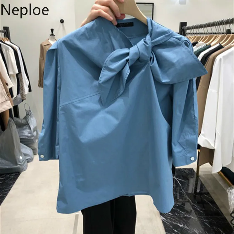 Блузка Neploe с бантом Женская Весенняя однотонная блузка воротником-стойкой и