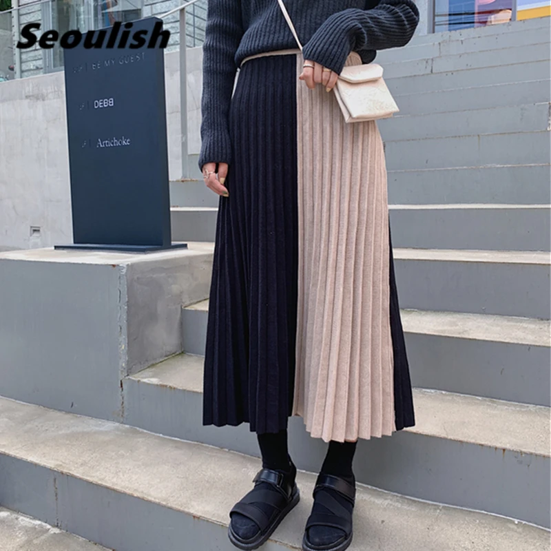 

Seoulish Colorblock Thicken Knitting Pleated Skirts Womens New 2021 Autumn Winter High Waist Umbrella Skater Midi Skirts Female