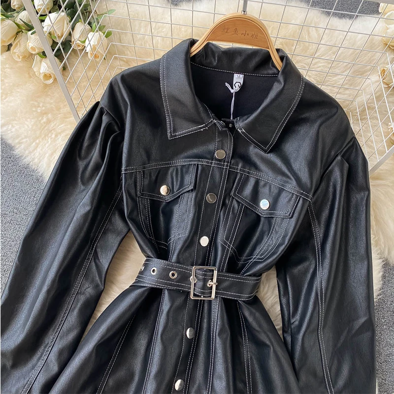 Fitaylor New Spring Autumn Faux Leather Jacket Women Fashion Single Breasted Long Sleeve Pu Dress with Belt Black Coat | Женская одежда