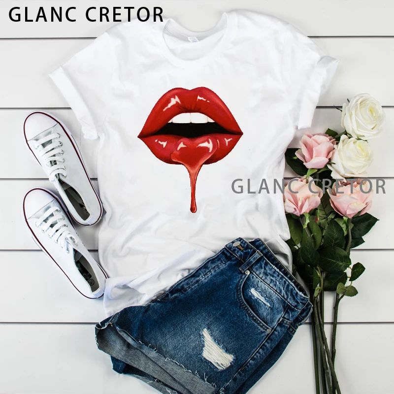 

Cute Fashion Women Graphic Ladies Women T-Shirt Tops T-Shirt Lip Painting Print Casual Harajuku Short Sleeve T-shirts Tops