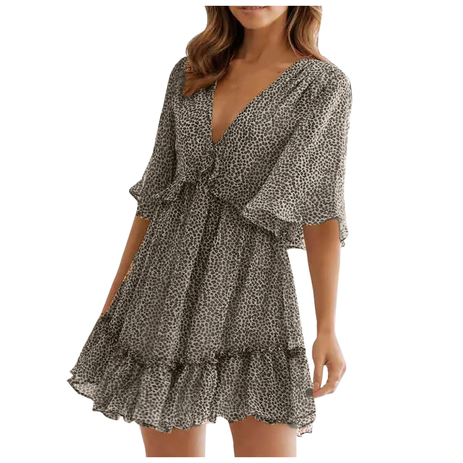 

Leopard Woman's Dress Deep V-neck Backless Chiffon Ruffled Short Sleeve A-line Mini Dress Fashion Summer Dress Vestido De Mujer