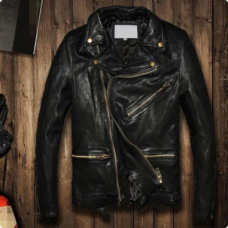 Мужская кожаная куртка на молнии короткая приталенная байкерская из натуральной