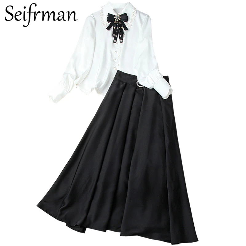 

Seifrmann New 2021 Summer Women Fashion RunwaySkirt Set Lantern Sleeve Bow Loose Shirts + High Waist Black Print A-Line Skirts