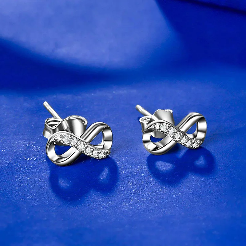 

Qikaola 100% Real 925 Sterling Silver Infinity Zircon Stud Earrings For Women Silver & Golden Color Earrings 2019 E1132