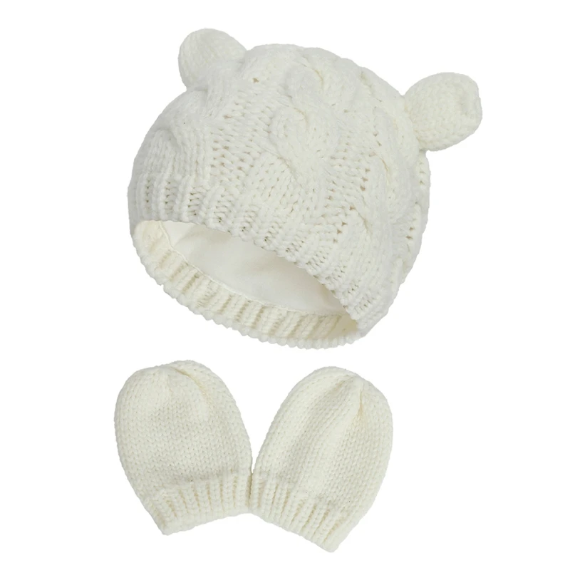 

Baby Hat and Mittens Set Kids Knitted Cotton Beanie Cap Winter Warm Boys Girls Double Pompom Hats Gloves