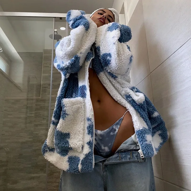 

Europe and America 2021 autumn and winter new style 21418P tie-dye long-sleeved lamb velvet zipper lapel coat Women's jacket