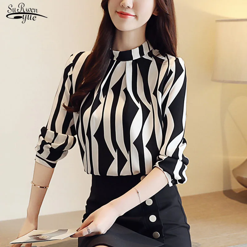 

Blusas 2021 Fashion Womens Tops and Blouses Striped Chiffon Blouse O-neck Woman Blouse Long Sleeve Office Lady Women Shirts 0941