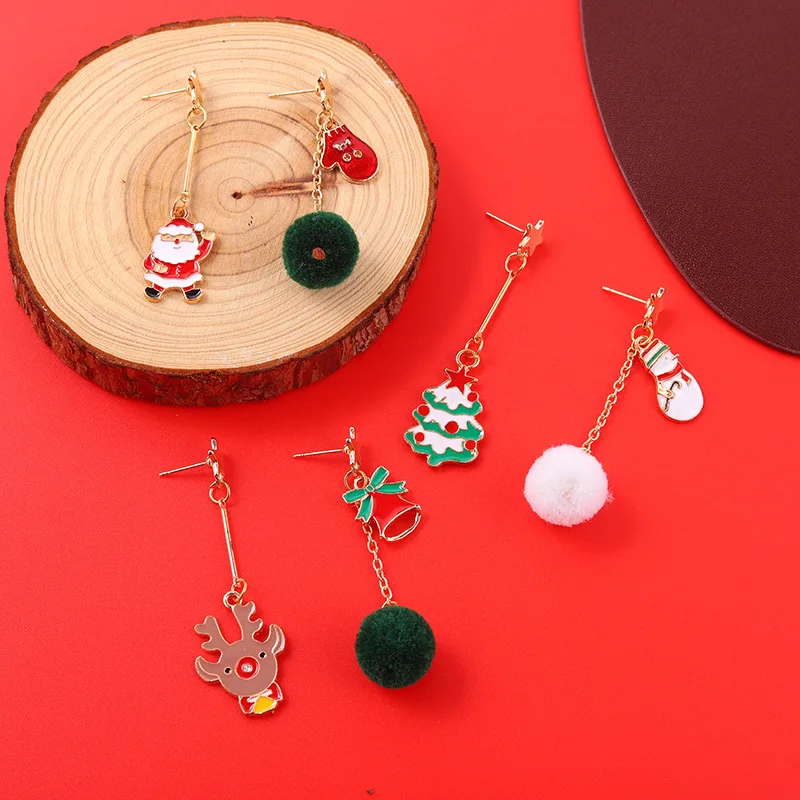 

Beautiful Red And Green Plush Ball Santa Earrings Popular Christmas Series Plush Earrings Stylish Tree Antler Ladies Accessories