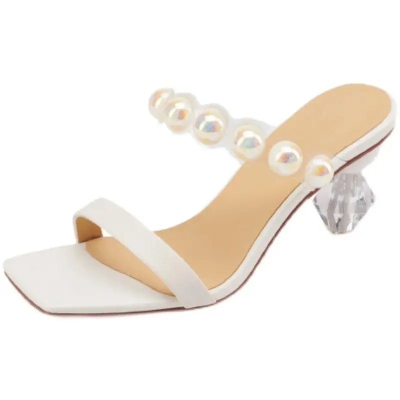 

Transparent crystal high heel slippers women summer fashion 2021 new thick heel pearl women sandals