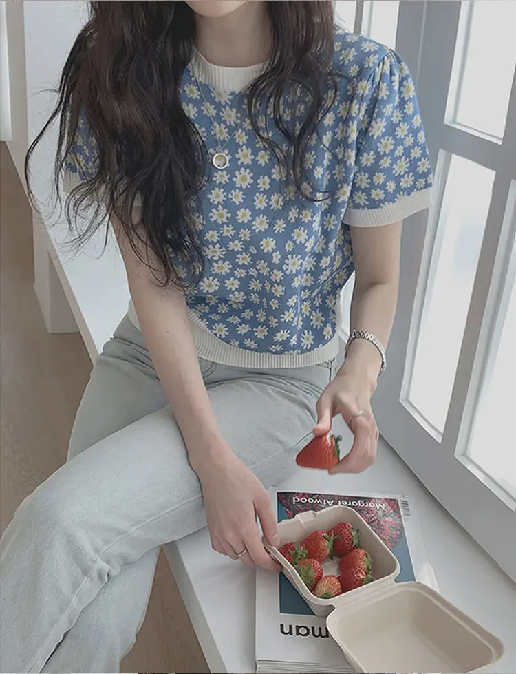 Woherb летняя корейская мода тонкая трикотажная футболка Женские винтажные топы с