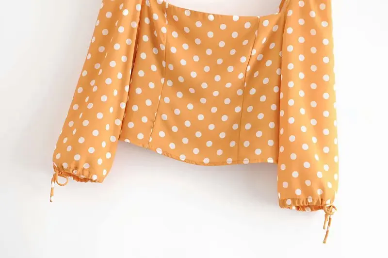 Женский короткий топ в горошек с квадратным вырезом и длинным рукавом Осень-зима