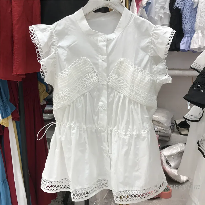 

Temperament Lace Top Women 2021 Summer Simple Solid Color All-Match Ruffled Drawstring Slimming Short Sleeve Blouses Blusas