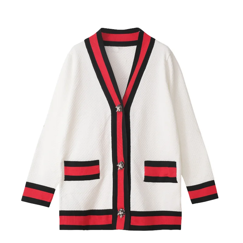 

2020 Long Sleeve V-neck Pearl Beading Button Cardigan Women Color Striped Causal Loose Sweaters Black White Knit Coat Lady Tops