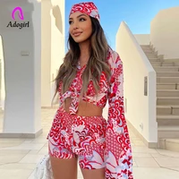 floral print women 3 piece set with scarf long sleeve button up shirts shorts matching set 2021 autumn new workout activewear