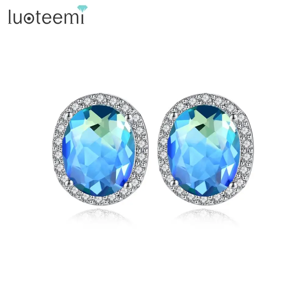 LUOTEEMI,, синие/разноцветные CZ овальные серьги-гвоздики для женщин, свадебные серьги белого золота/золотого цвета, модные ювелирные изделия Brincos