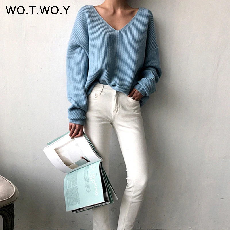 S19229Blue WOTWOY осень зима базовый вязаный синий белый свитер для женщин модные повседневные женские пуловеры с v-образным вырезом корейские женские джемперы - Цвет: S19229Blue