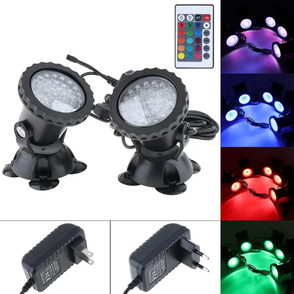 

1 комплект 2 водонепроницаемых светодиодных точечных светильников IP68, RGB, 36 шт., с пультом дистанционного управления, для бассейна, воды, сада ...