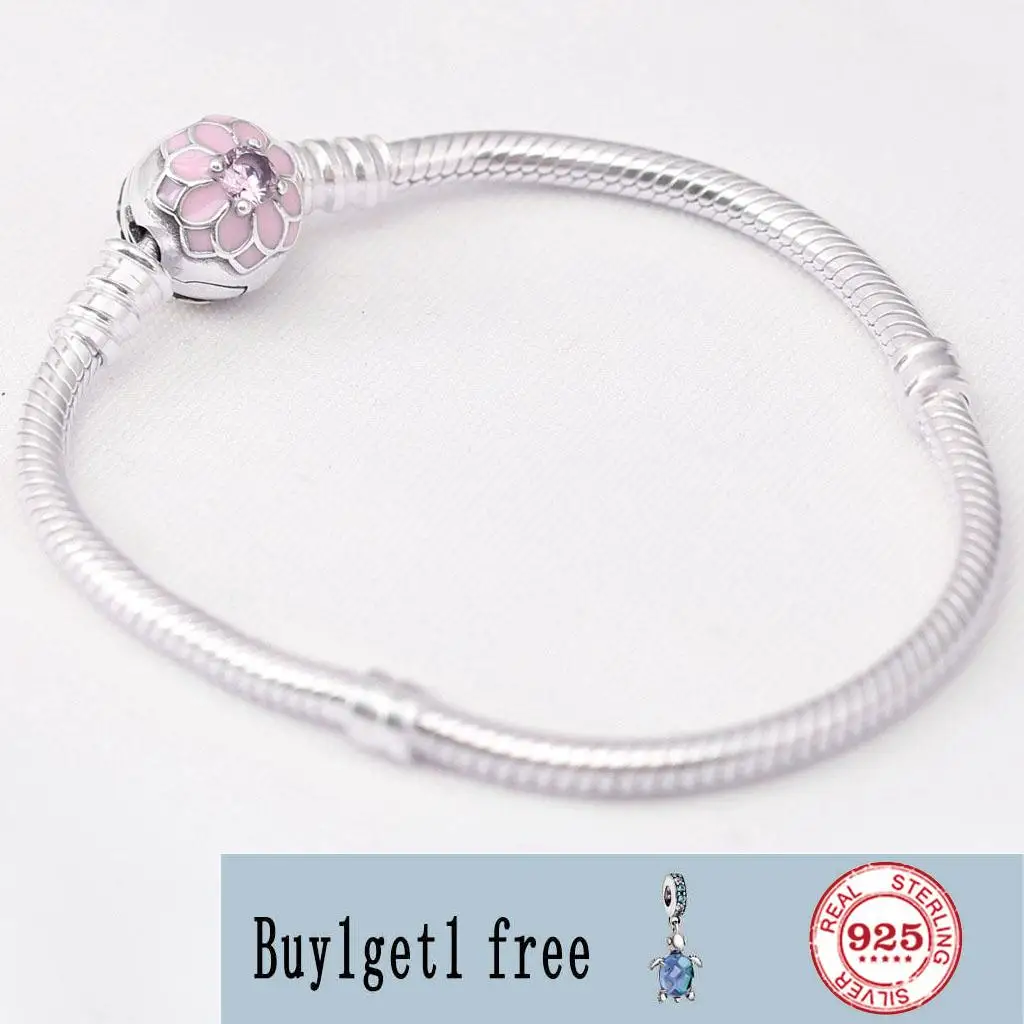 

925 Sterling Silver Bracelet Pink Blooming Dahlia Clasp Snake Chain Basic pandora Bracelets Fit Women Bead Charm DIY Jewelry